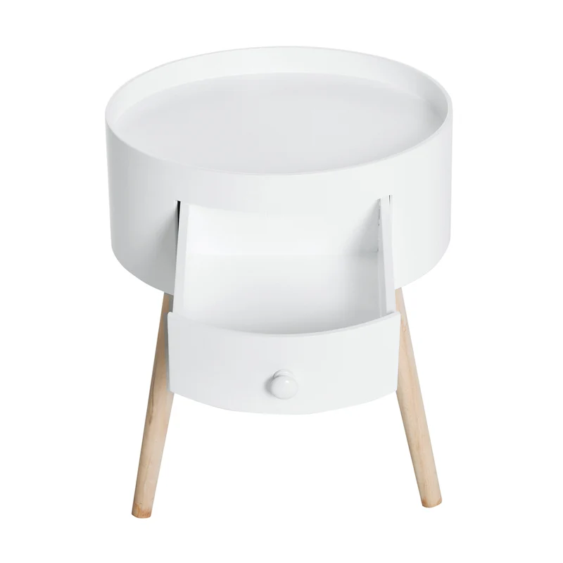 Lot de 2 tables de chevet rondes 38 x 38 x 45 cm tiroir pratique pieds effilés épuré scandinave chambre en MDF blanc 21_0001836