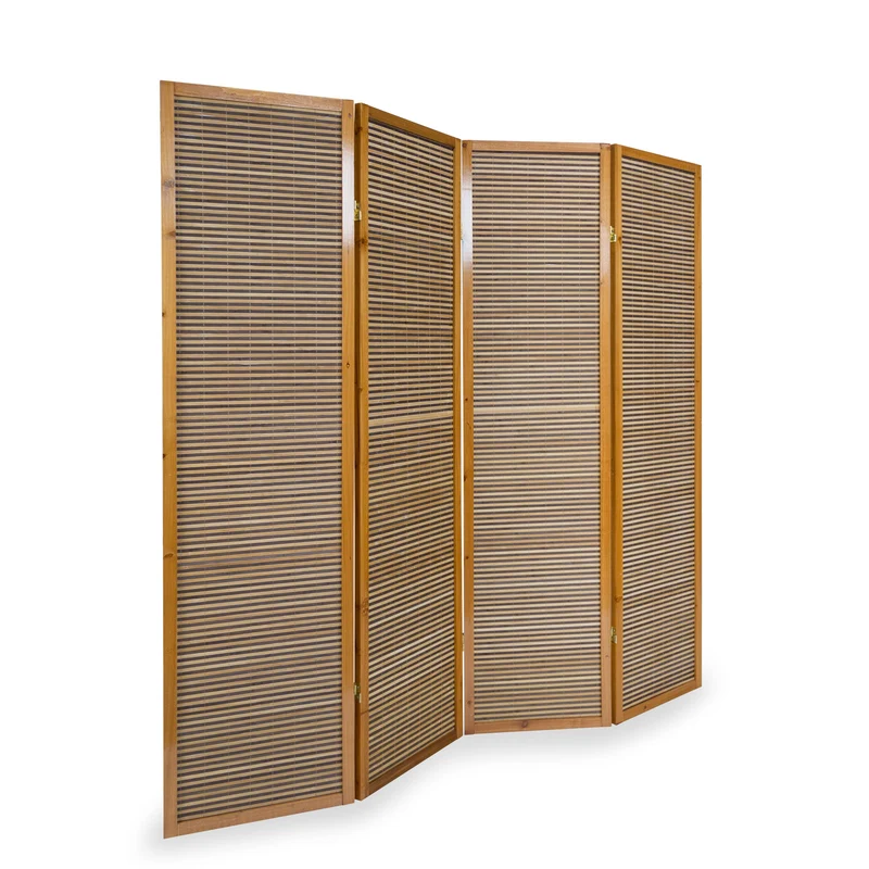 Paravent 4 panneaux marron en bois et bambou 176x175 cm PAR06067