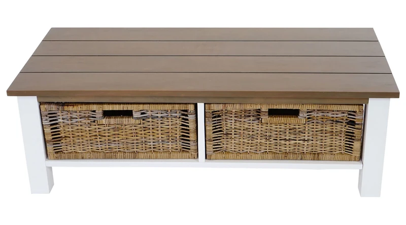 Table basse en bois avec 2 paniers rotin 38x112x52cm TABA04003