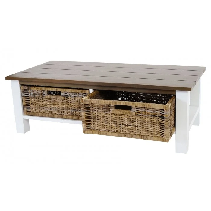 Table basse en bois avec 2 paniers rotin 38x112x52cm TABA04003