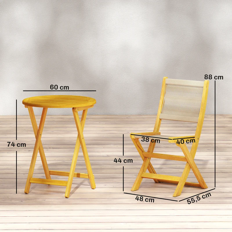 Salon de jardin bistrot 3 pièces table ronde 60 x 74 x 48 cm chaises pliables bohème confort en bois d'acacia naturel 21_0005346
