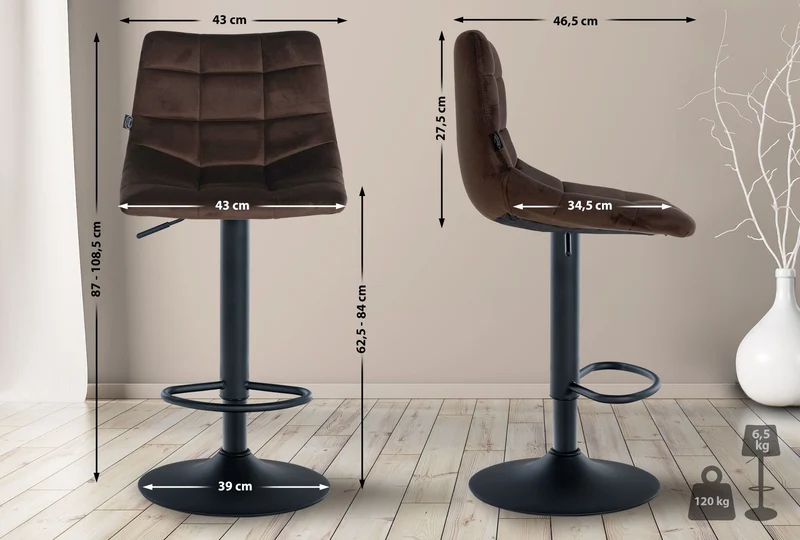 Tabouret de bar x1 moderne en velours marron motif matelassé piètement trompette métal noir 10_0005662