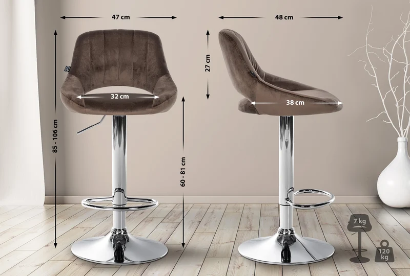 Tabouret de bar x1 avec repose-pieds pivotant et réglable en velours noir et métal TDB10816