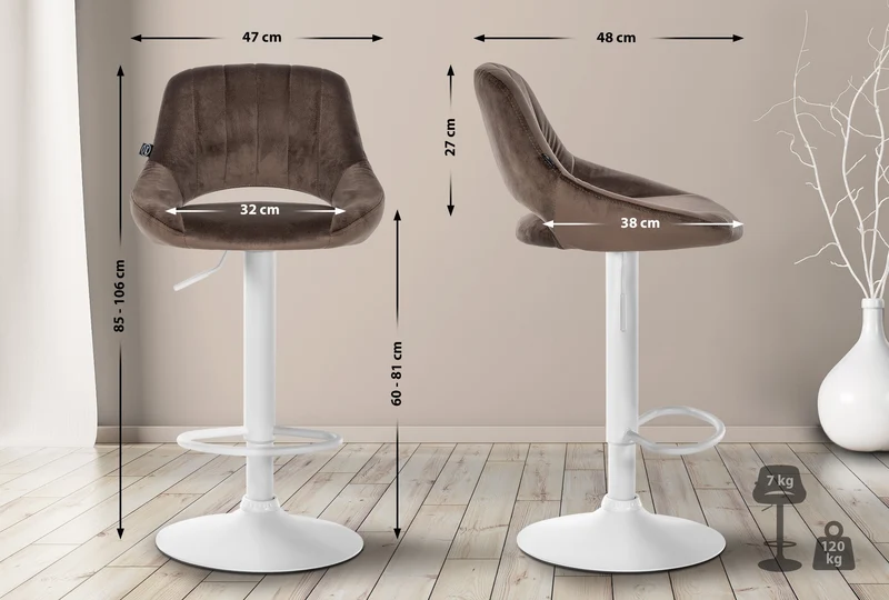 Tabouret de bar x1 réglable en hauteur en velours marron dossier ajouré et pied métal blanc 10_0005730