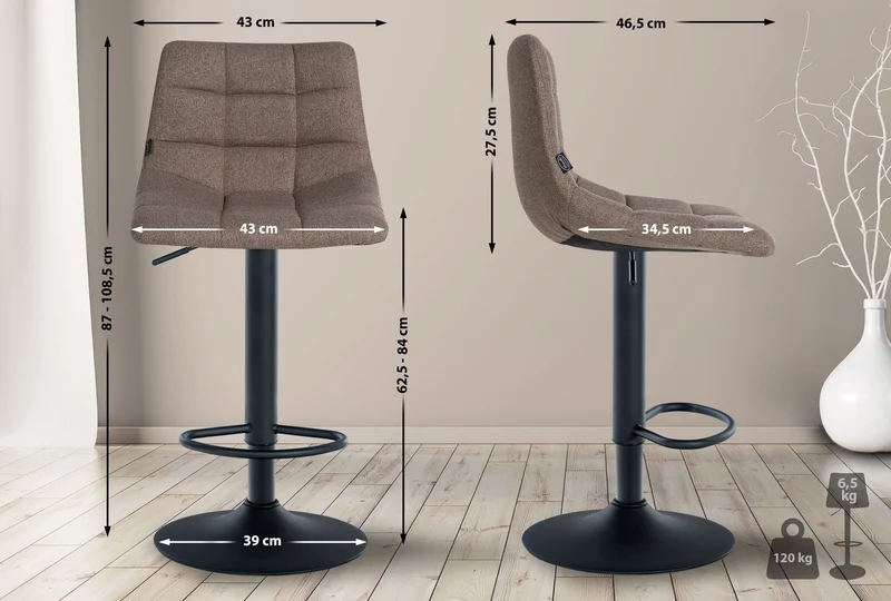 Lot de 2 tabourets de bar en tissu taupe base métal noir réglable en hauteur et repose-pieds TDB10619