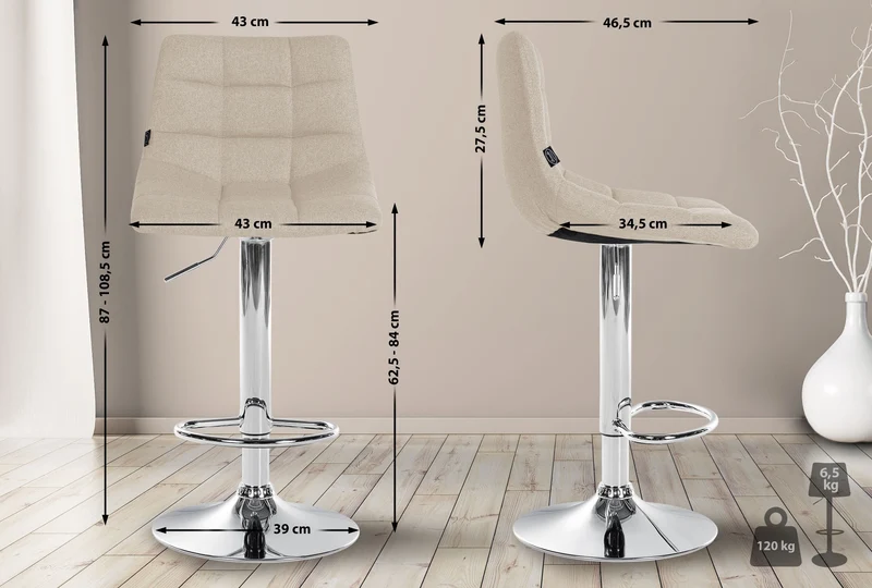 Tabouret de bar x1 moderne en tissu crème motif matelassé piètement trompette métal chromé 10_0005967