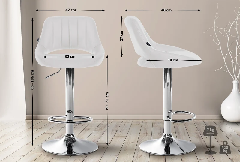 Lot de 2 tabourets de bar avec repose-pieds en forme d'arc assise en similicuir blanc cadre en métal TDB10754