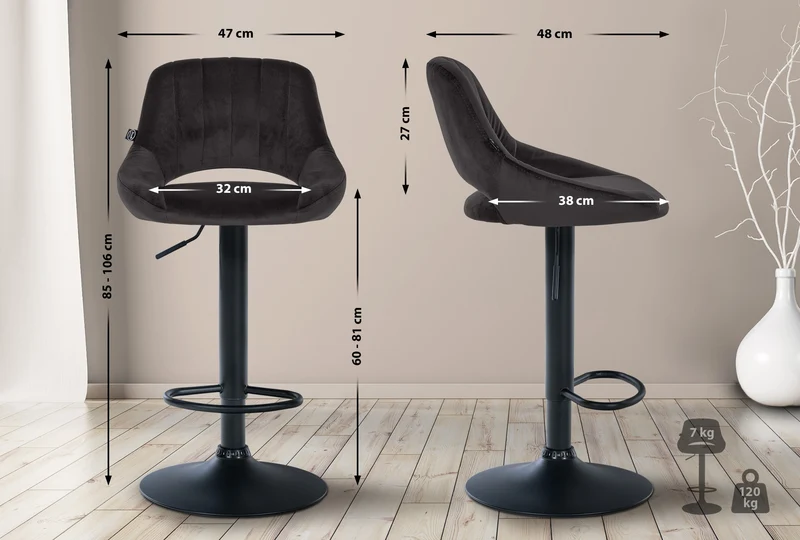Tabouret de bar x1 réglable en hauteur en velours noir dossier ajouré et pied métal noir 10_0005794