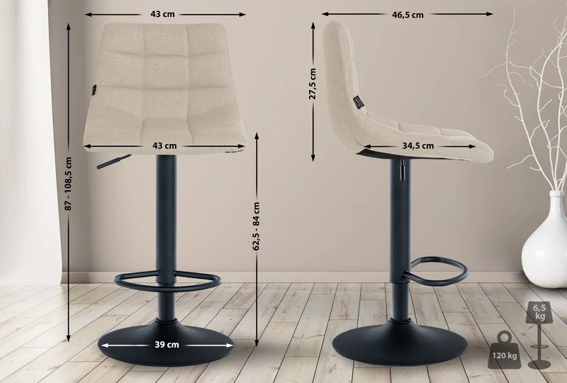 Tabouret de bar x1 moderne en tissu crème motif matelassé piètement trompette métal noir 10_0005958
