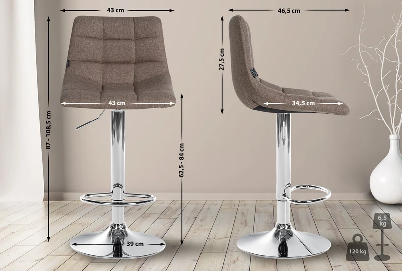 Lot de 2 tabourets de bar moderne en tissu taupe motif matelassé piètement trompette métal chromé 10_0006044