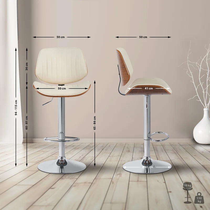Tabouret de bar chaise haute x1 en similicuir crème chrome bois courbé noyer et métal 10_0006635