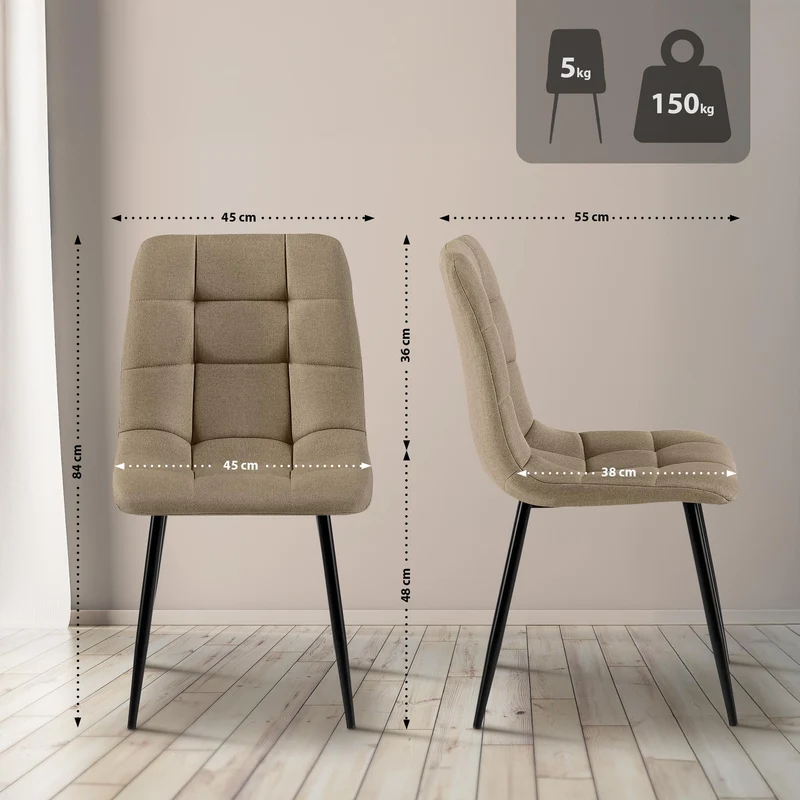 Lot de 4 chaises de salle à manger coutures forme carrées en tissu taupe pieds en métal noir 10_0007789