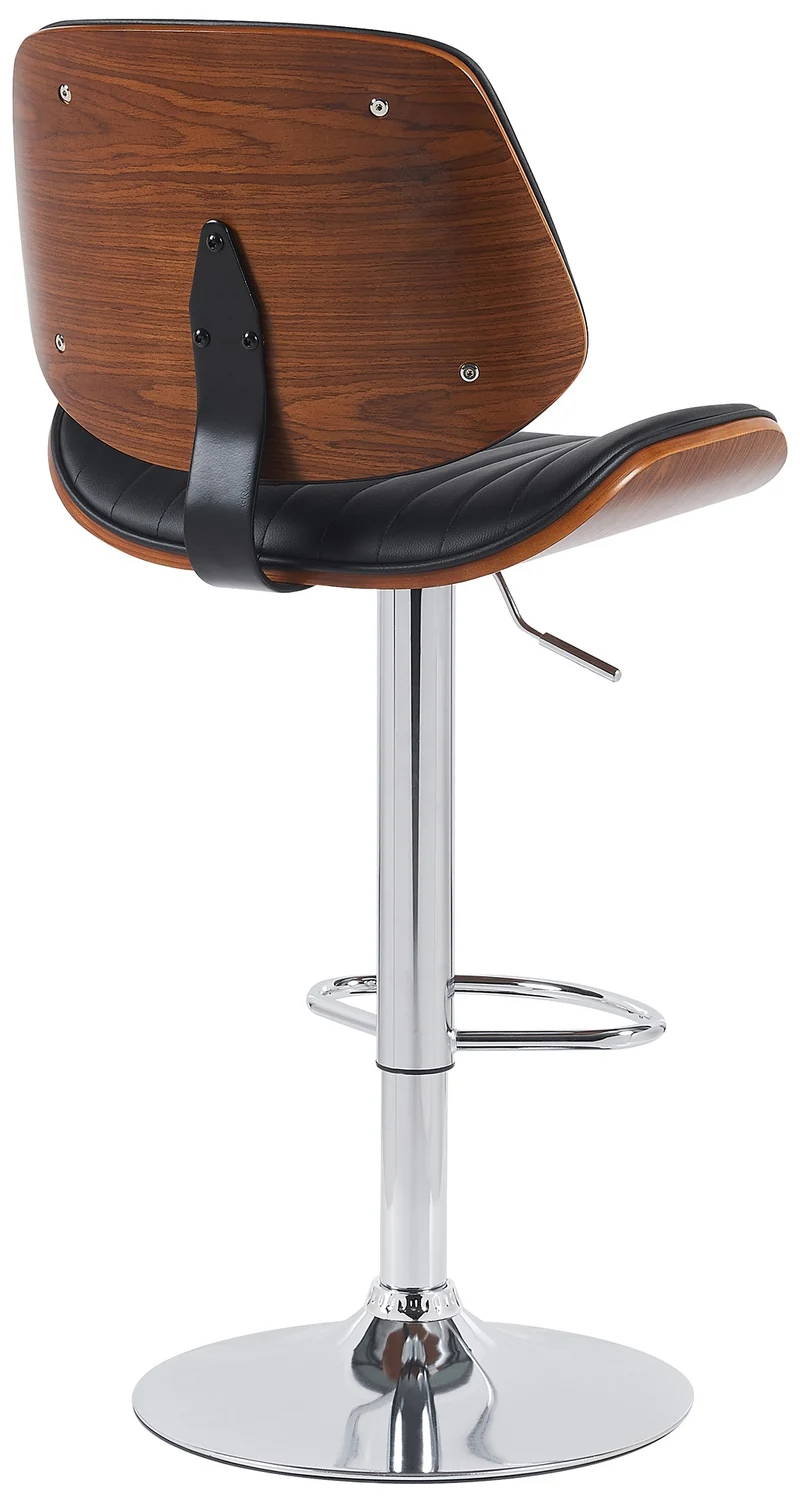 Tabouret de bar x1 style rétro moderne assise en similicuir noir bois noyer et cadre métal chromé 10_0005965