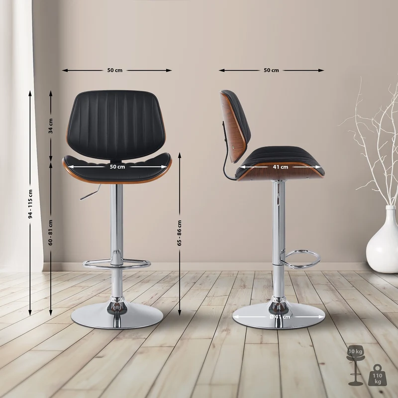 Tabouret de bar x1 style rétro moderne assise en similicuir noir bois noyer et cadre métal chromé 10_0005965