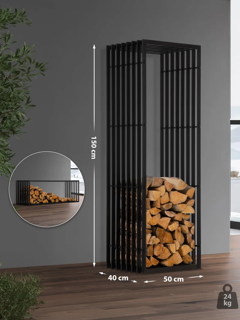 Range-bûches étagère support bois de cheminée 150x50 cm en métal noir-mat 10_0003537