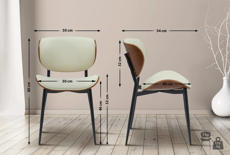 Lot de 2 chaises de salle à manger design en similicuir crème avec coque bois noyer structure métal robuste 10_0008480