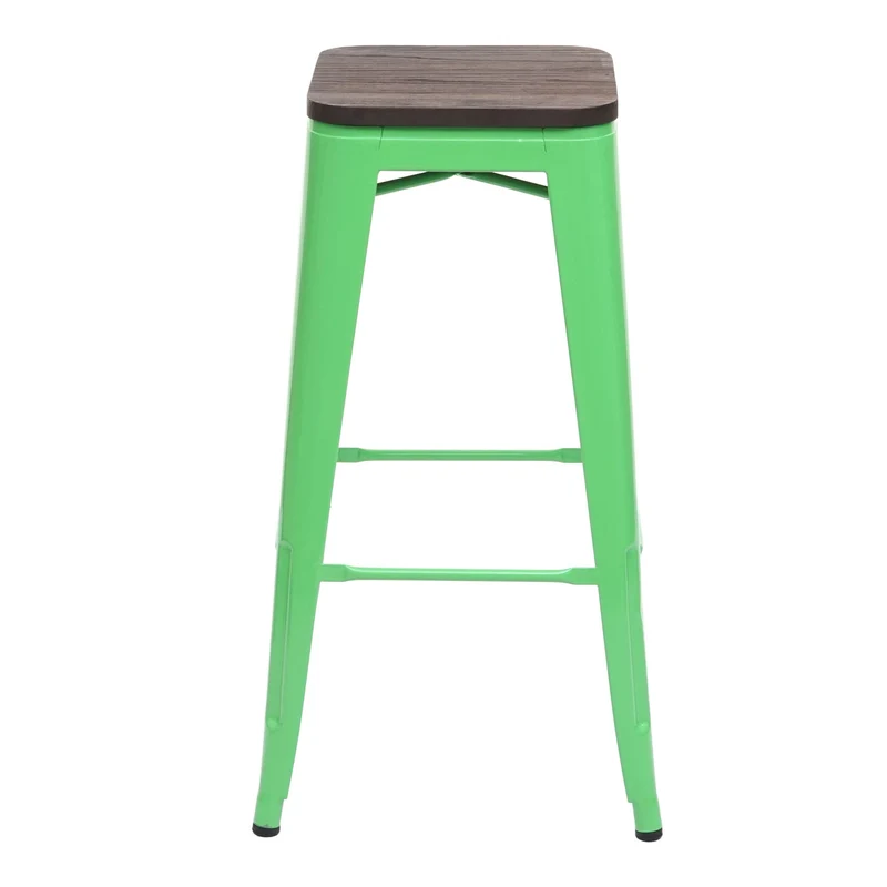Lot de 4 tabourets de bar empilables style industriel assise en bois d’orme métal vert 04_0005221