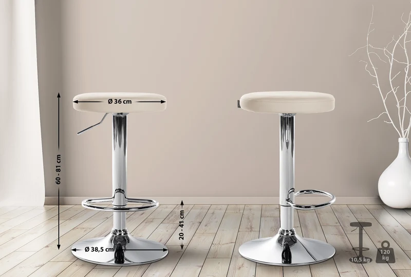 Lot de 2 tabourets de bar design simple avec assise en synthétique crème et cadre métal chromé TDB10691