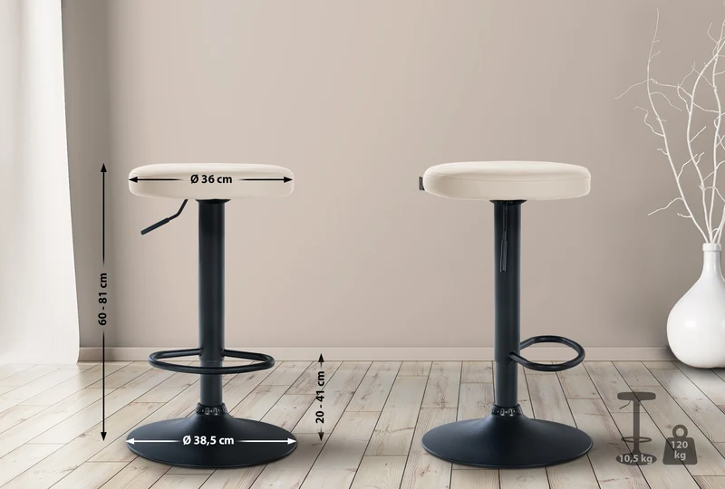 Lot de 2 tabourets de bar design simple avec assise en synthétique crème et cadre métal noir TDB10685