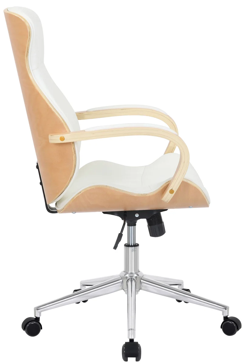 Fauteuil de bureau avec roulettes synthétique blanc et bois clair hauteur réglable BUR10466