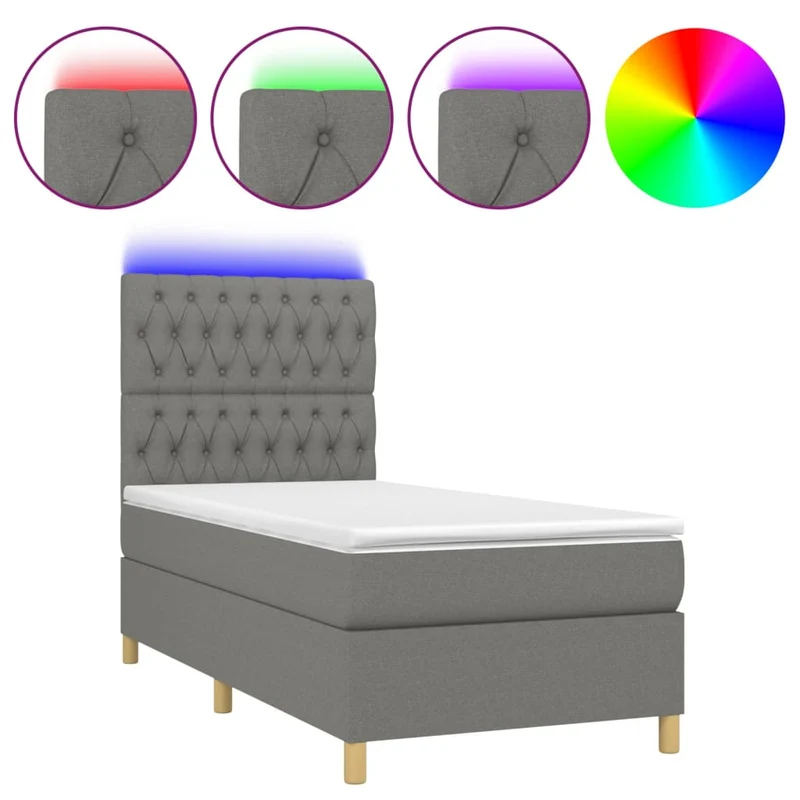 Cadre de lit LED avec sommier tête de lit matelas 90x190cm tissu gris foncé TDL0209404