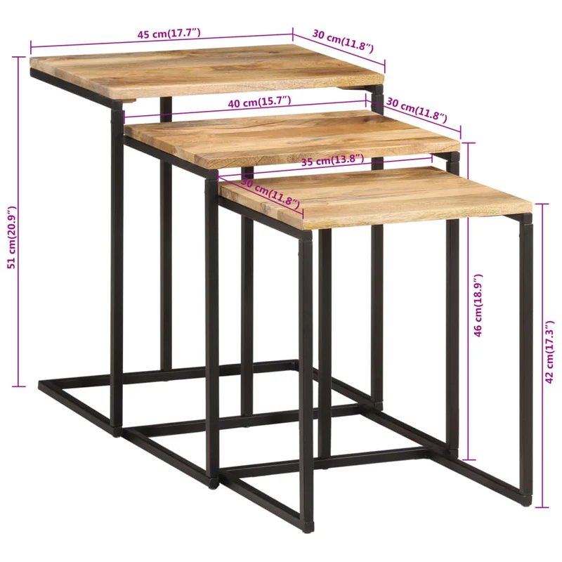 Lot de 3 tables d'appoint gigognes en bois massif d'acacia et fer DEC032707
