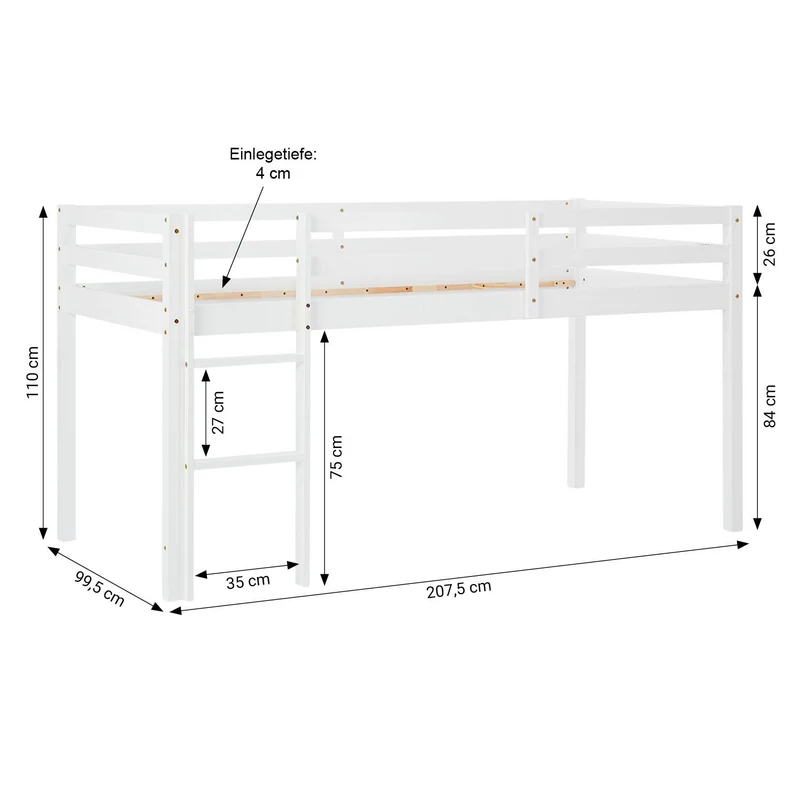 Lit mezzanine avec sommier à lattes 90x200cm avec échelle en bois laqué blanc et toile verte incluse sans matelas LIT06247