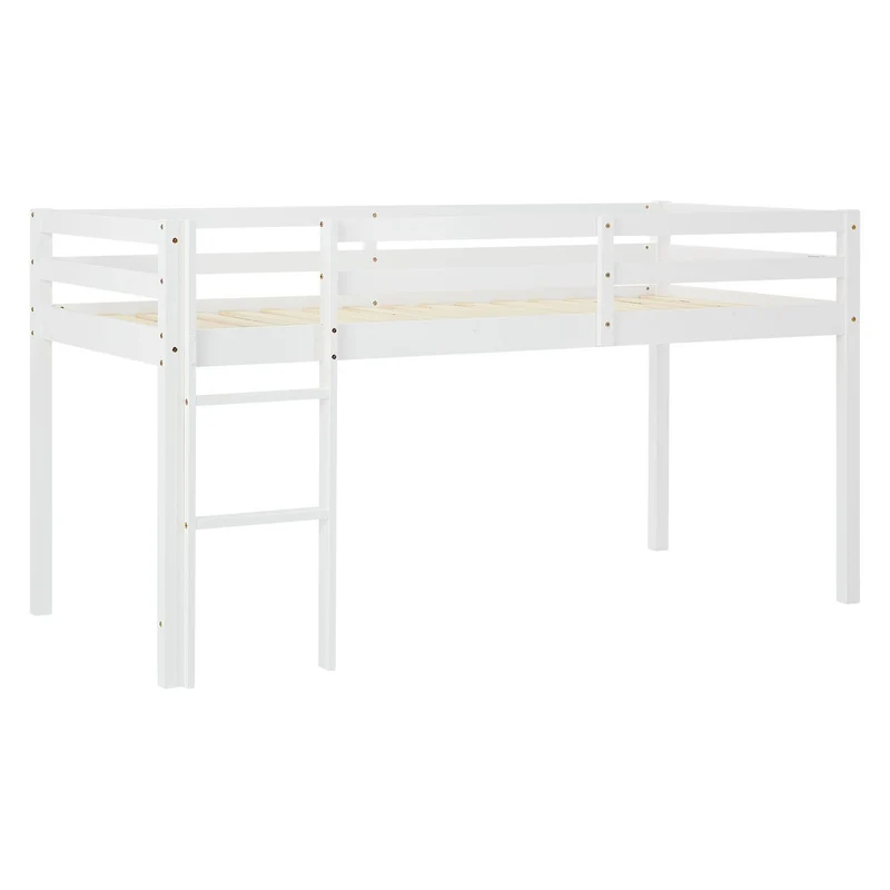 Lit mezzanine avec sommier à lattes 90x200cm avec échelle en bois laqué blanc et toile verte incluse sans matelas LIT06247