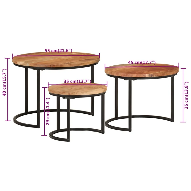 Set de 3 tables basse gigognes en bois massif d'acacia et fer DEC031326