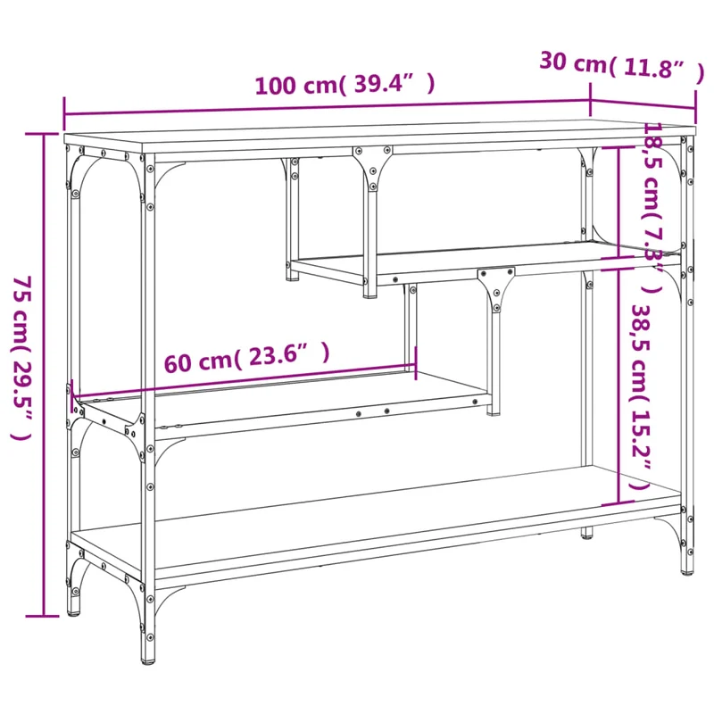 Table console d'entrée fonctionnel et stylé avec étagères 100 x 30 x 75 cm bois d'ingénierie gris et métal DEC032192