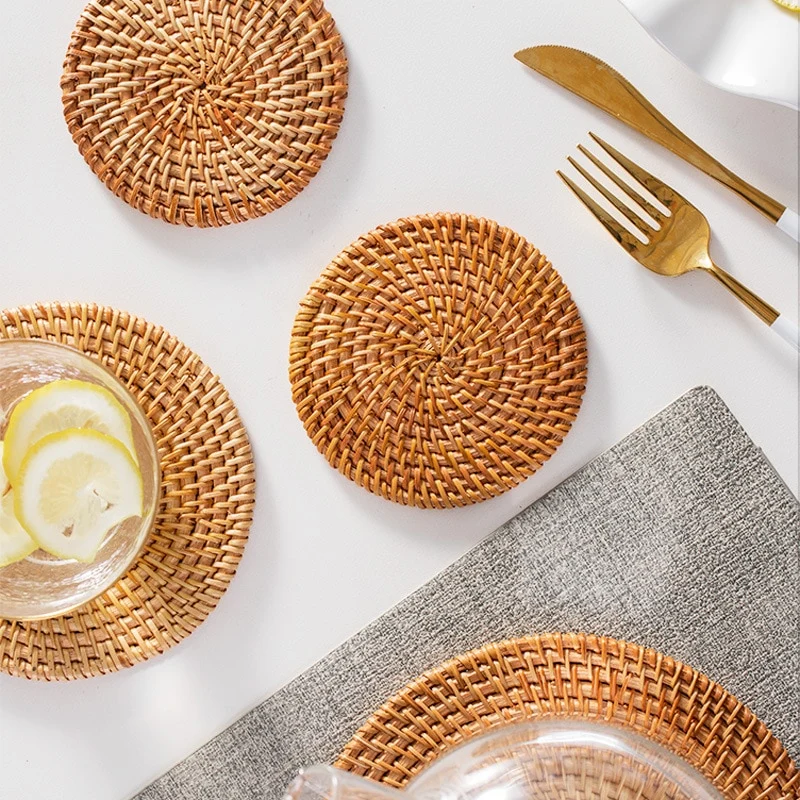 Dessous de verre rond en rotin naturel, 4 pièces