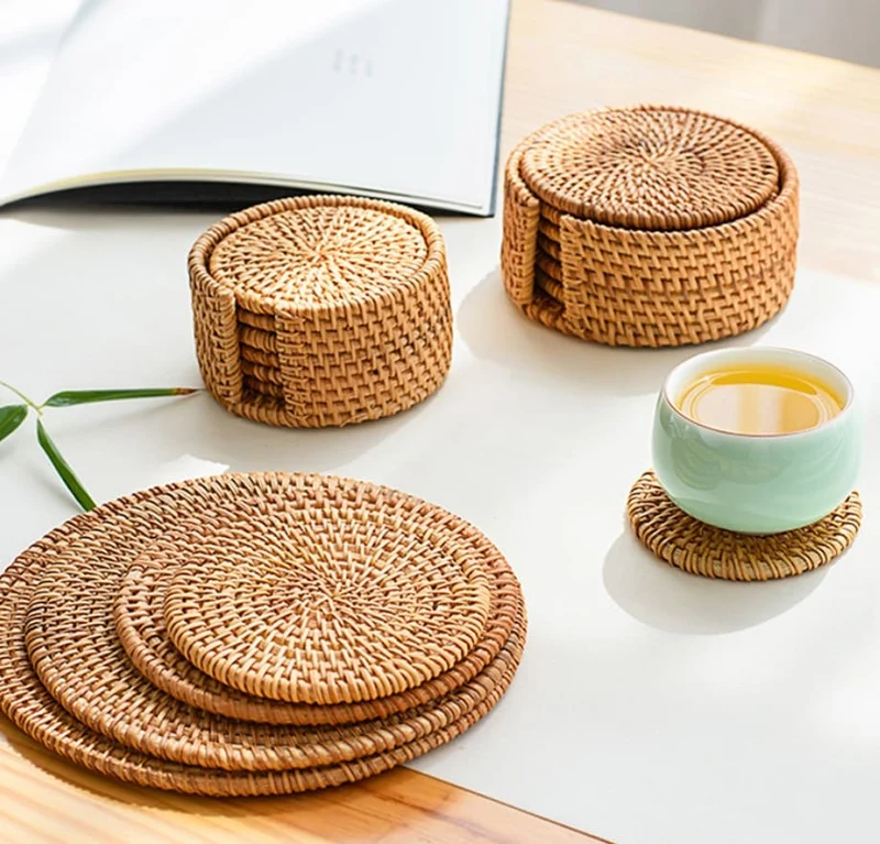 Dessous de verre rond en rotin naturel, 4 pièces