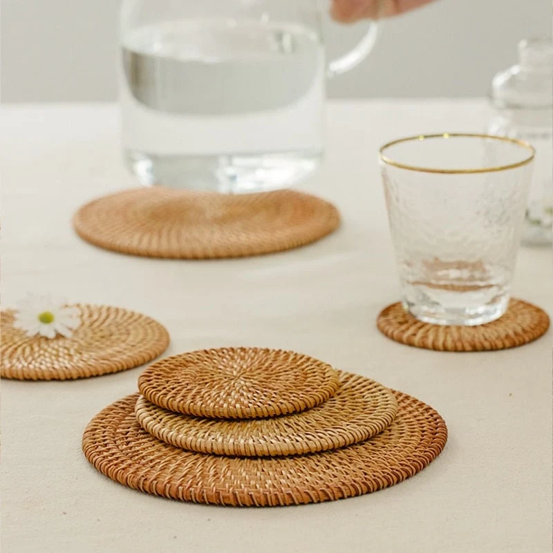 Dessous de verre rond en rotin naturel, 4 pièces