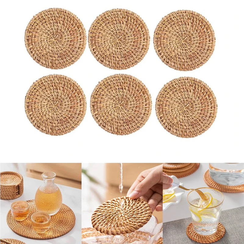 Dessous de verre rond en rotin naturel, 6 pièces