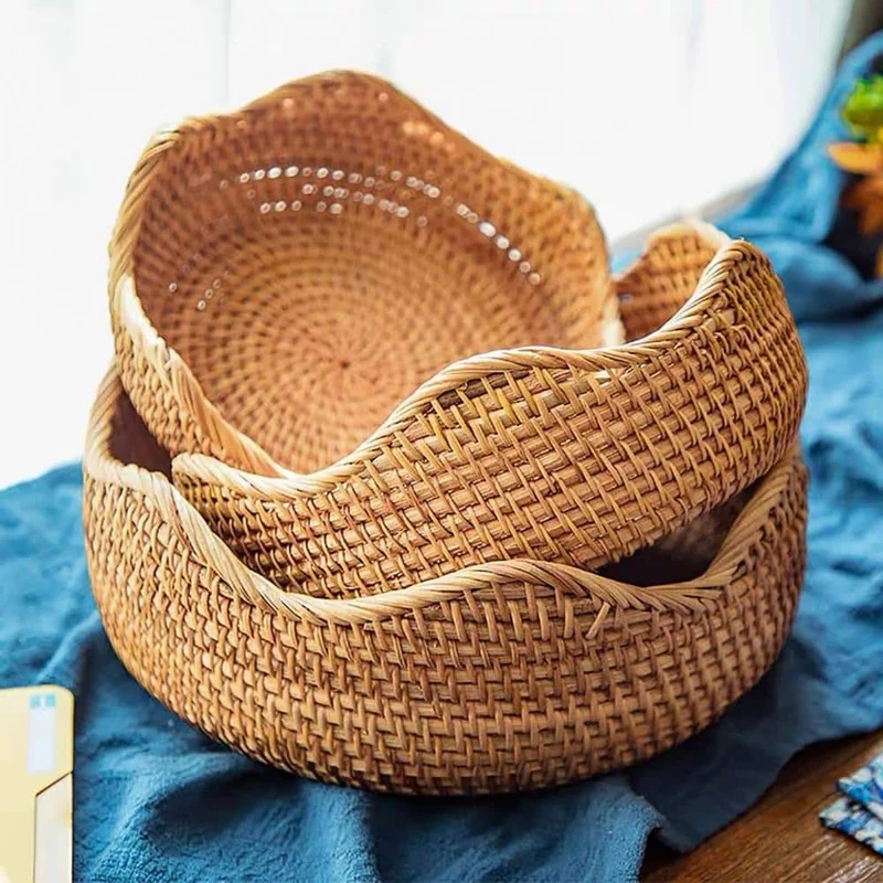 Panier plat de rangement en rotin tissé à la main