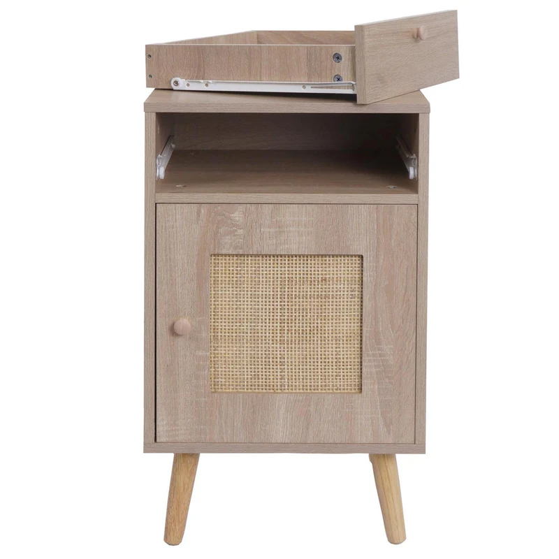 Table d'appoint table basse table de chevet compartiments de rangement avec tiroir kubu rotin MDF aspect chêne 04_0008504