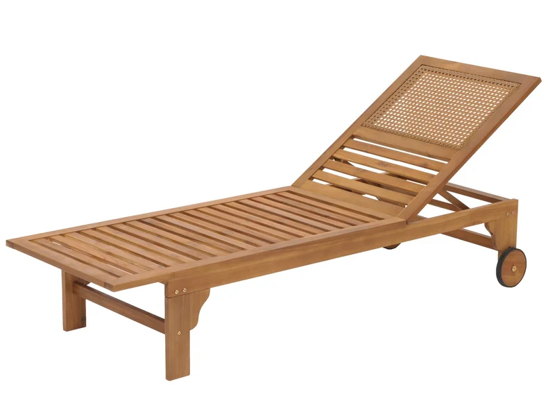 Transat de jardin chaise longue en bois et osier décoratif en polyrotin coussin crème-beige 04_0008607