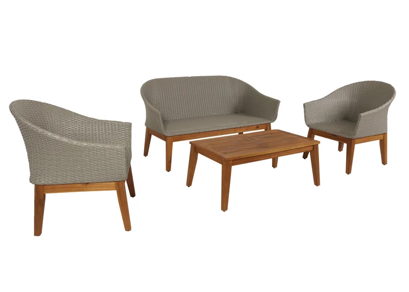 Salon de jardin canapé fauteuils et table en poly rotin et bois d'acacia avec coussins beige 04_0008322