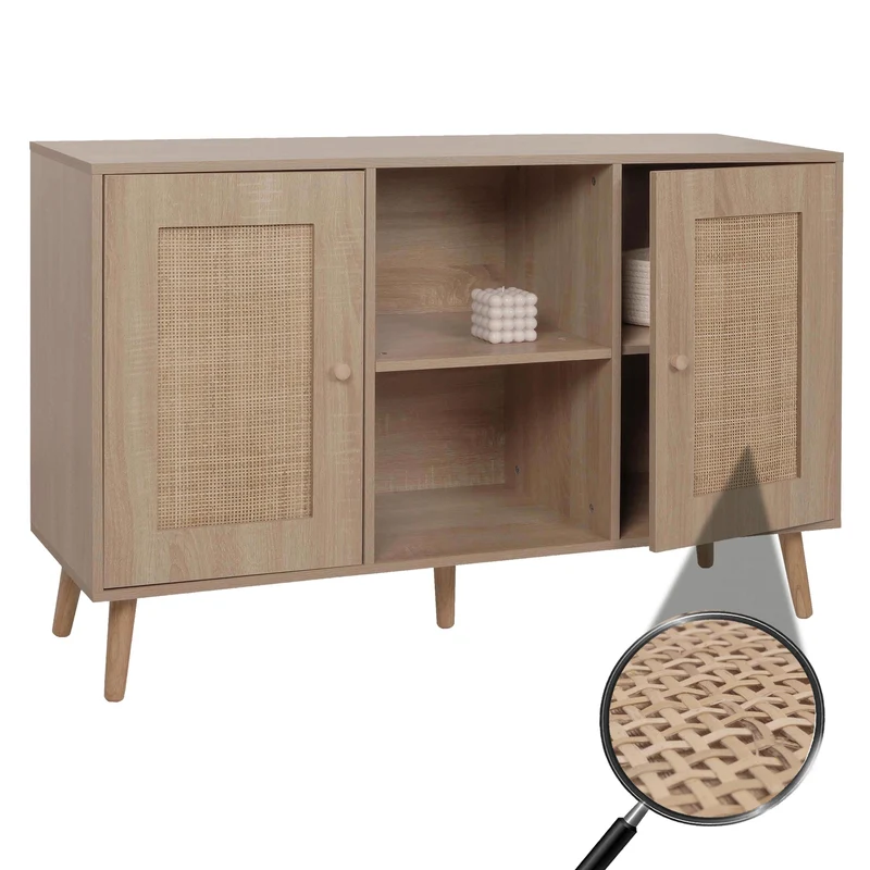 Buffet avec compartiments de rangement deux portes en kubu bois de rotin mélaminé aspect chêne 04_0005992