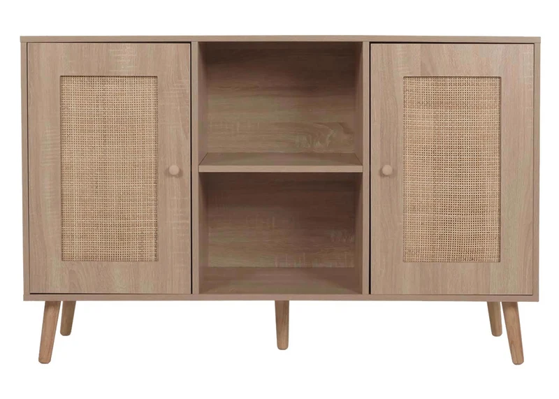 Buffet avec compartiments de rangement deux portes en kubu bois de rotin mélaminé aspect chêne 04_0005992
