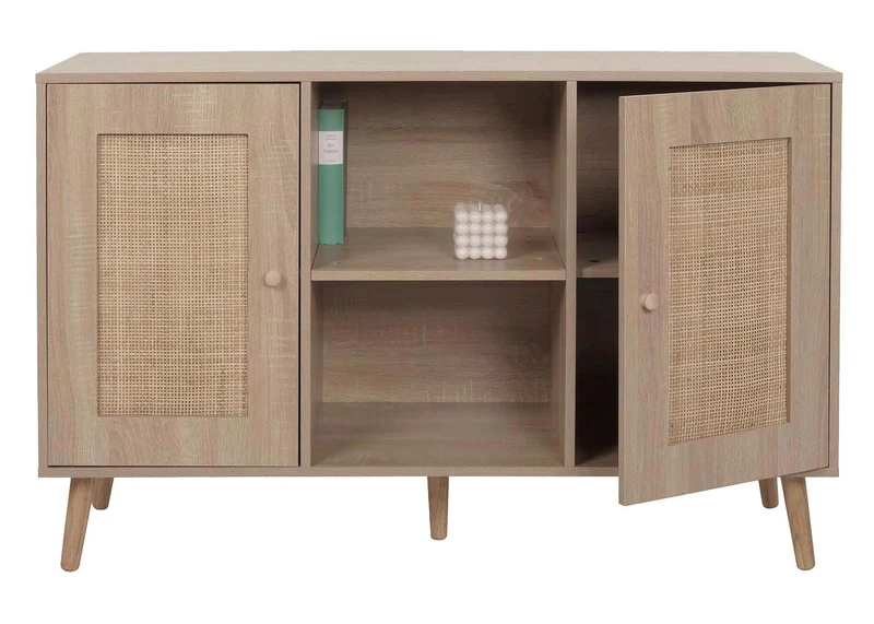Buffet avec compartiments de rangement deux portes en kubu bois de rotin mélaminé aspect chêne 04_0005992