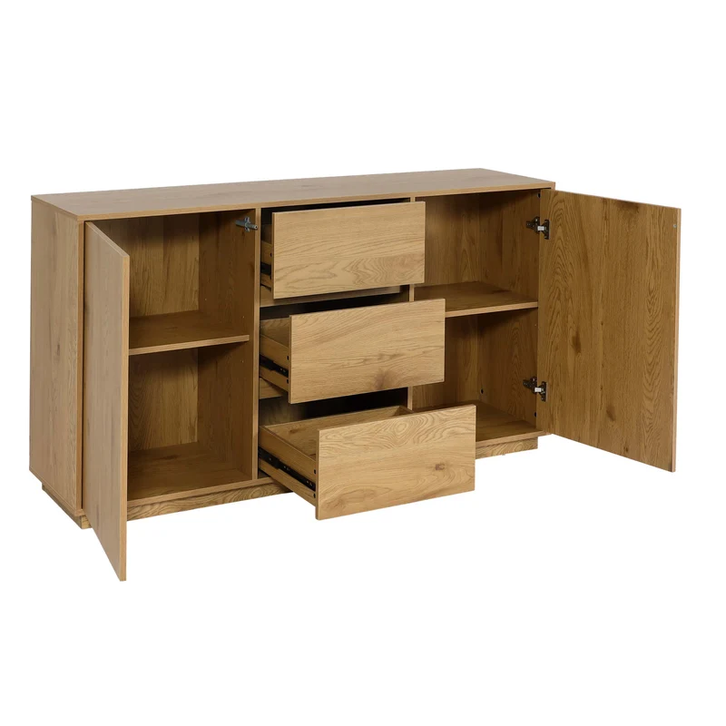 Buffet commode 3 tiroirs 4 compartiments de rangement avec 2 portes 86x160x40 cm aspect chêne 04_0005986