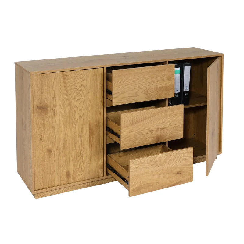 Buffet commode 3 tiroirs 4 compartiments de rangement avec 2 portes 86x160x40 cm aspect chêne 04_0005986