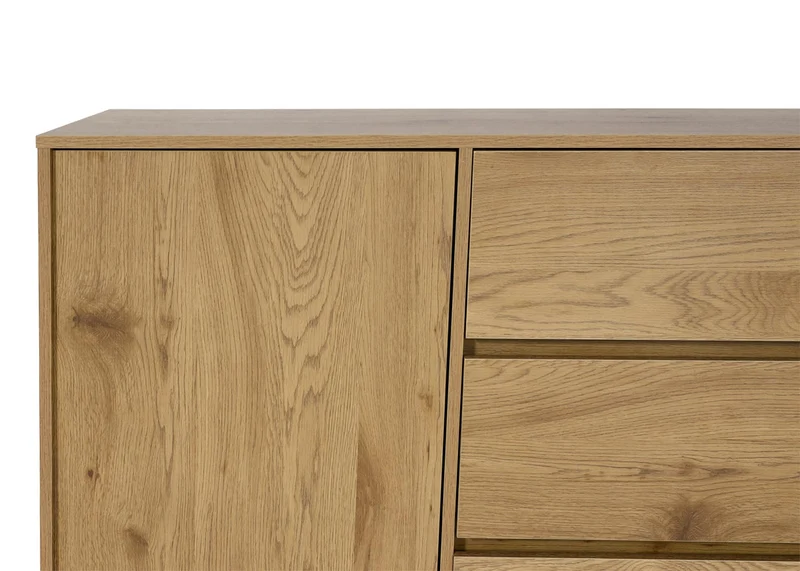Buffet commode 3 tiroirs 4 compartiments de rangement avec 2 portes 86x160x40 cm aspect chêne 04_0005986
