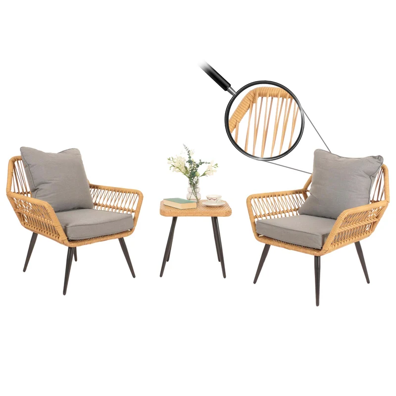 Ensemble de chaises et table d'appoint de jardin balcon terrasse en polyrotin et coussin gris foncé 04_0006697