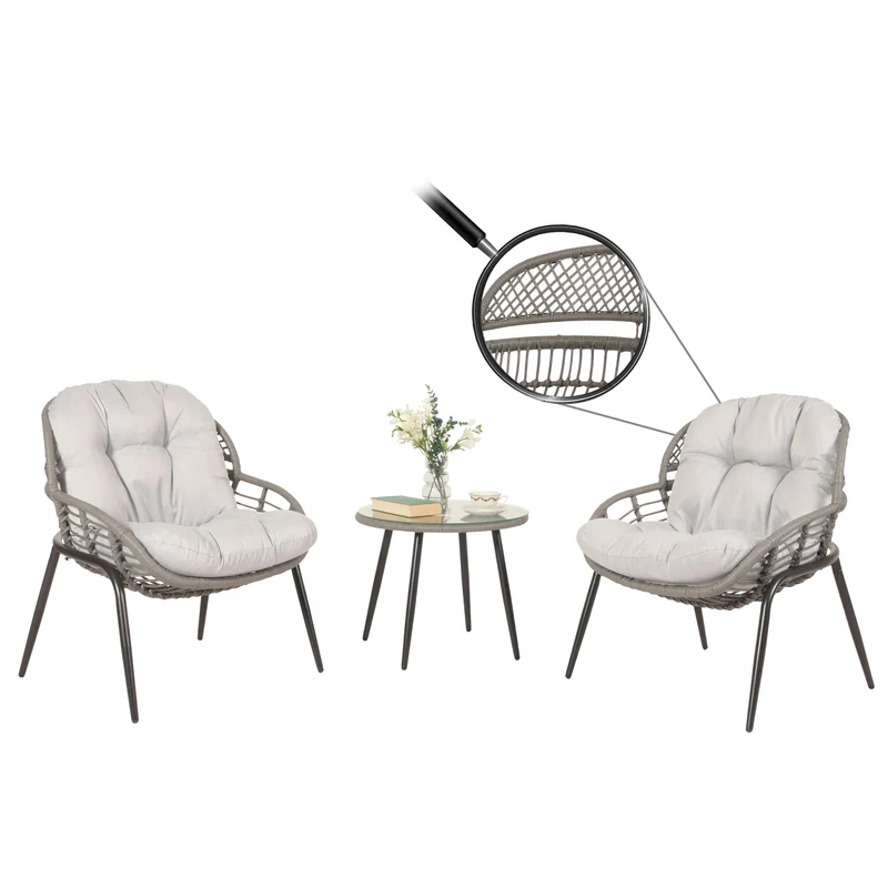Ensemble de chaises et table d'appoint de jardin balcon terrasse en polyrotin gris clair 04_0006695