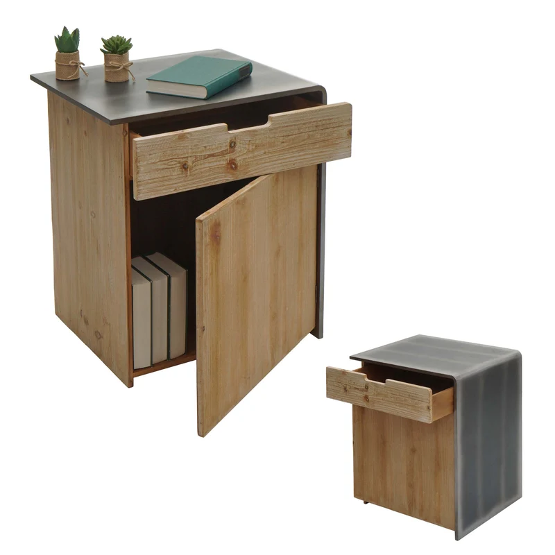 Commode table de chevet table d'appoint industrielle en bois 60x50x40 cm naturel avec aspect métal 04_0006511
