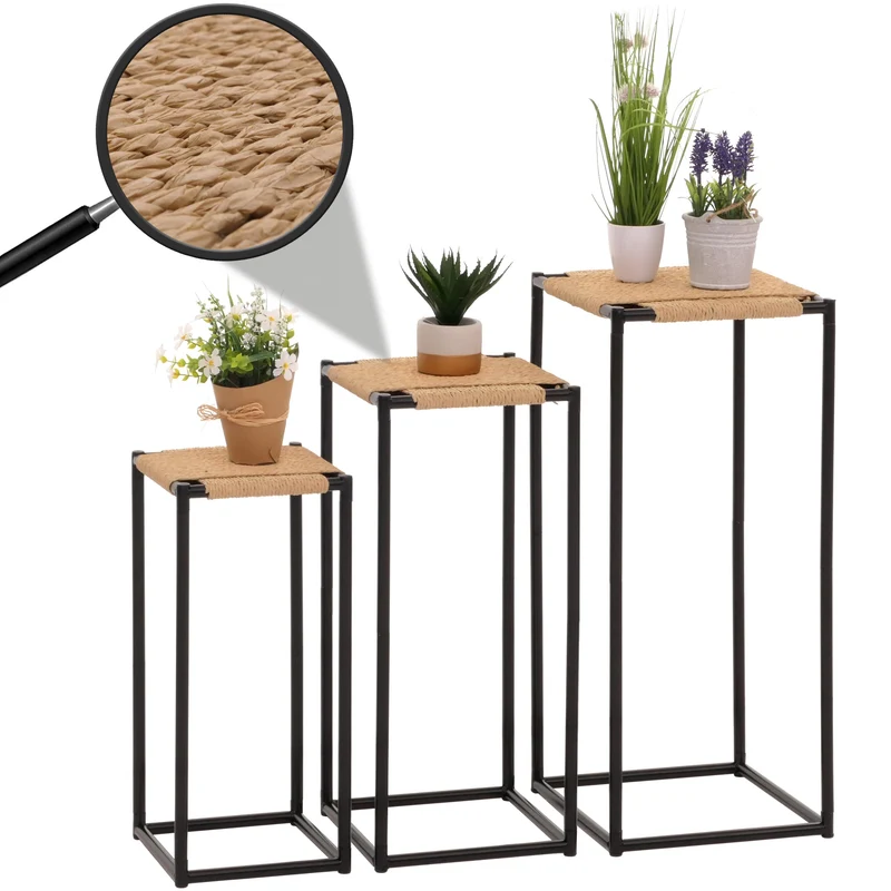 Ensemble de 3 tables à fleurs table d'appoint support à fleurs empilable en fer et corde 04_0006623