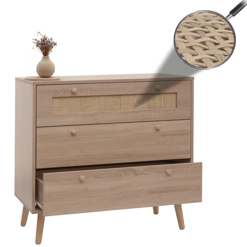 Commode avec 3 tiroirs buffet en kubu bois de rotin mélamine 78x80x39 cm aspect chêne 04_0006540