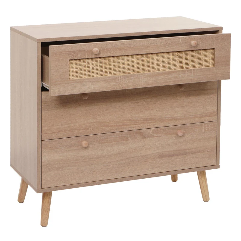 Commode avec 3 tiroirs buffet en kubu bois de rotin mélamine 78x80x39 cm aspect chêne 04_0006540